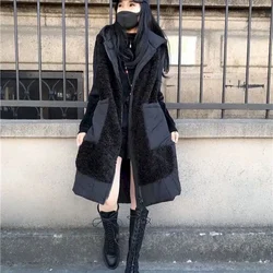 Fashion Hooded Vest Jackets 2025 Autumn Winter Large Size Loose High Waist Medium Long Lamb Wool Stitching Thickened Vests Coat