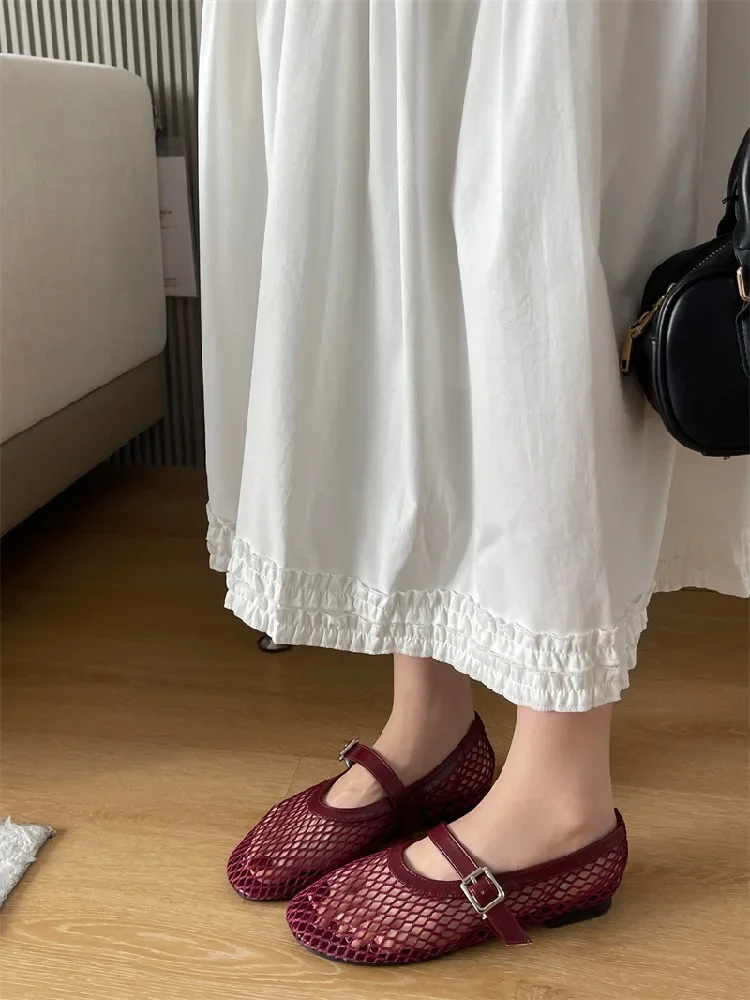 Eilyken Summer Designer Cosy Mesh Heels Women Flat Shoes Fashion Round Toe Buckle Strap Casual Outdoor Dress Sandals