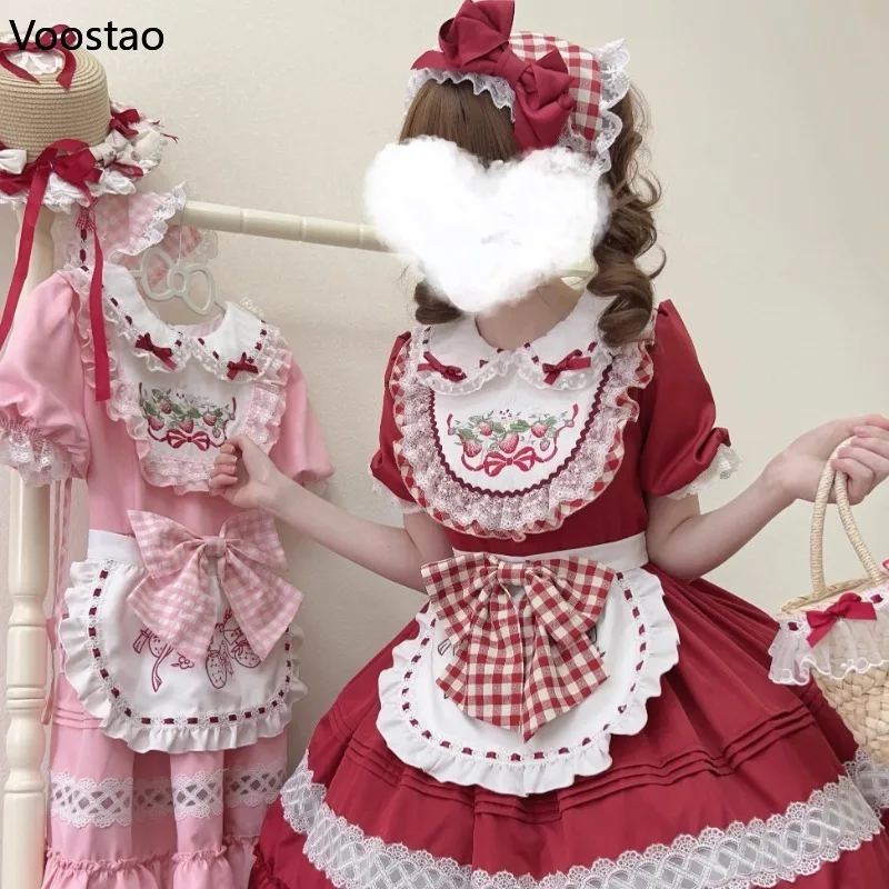 Japońska słodka Lolita fartuch pokojówka sukienka kobiety Kawaii truskawkowy haft królika Cosplay sukienki księżniczki na przyjęcie sukienka Vintage