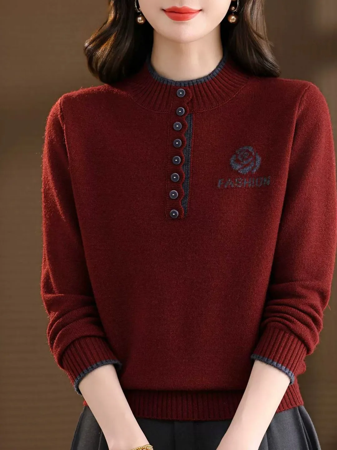Women's Knitted Button-Up Half-High Collar Sweater Autumn Winter Fashion Embroidery Warm Versatile Base Layer Shirt Casual Style