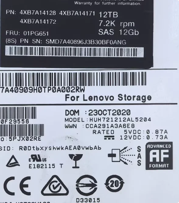 For Lenovo 4XB7A14172 01PG651 12T SAS 3.5 7.2K 12GB storage hard drive DE6000H