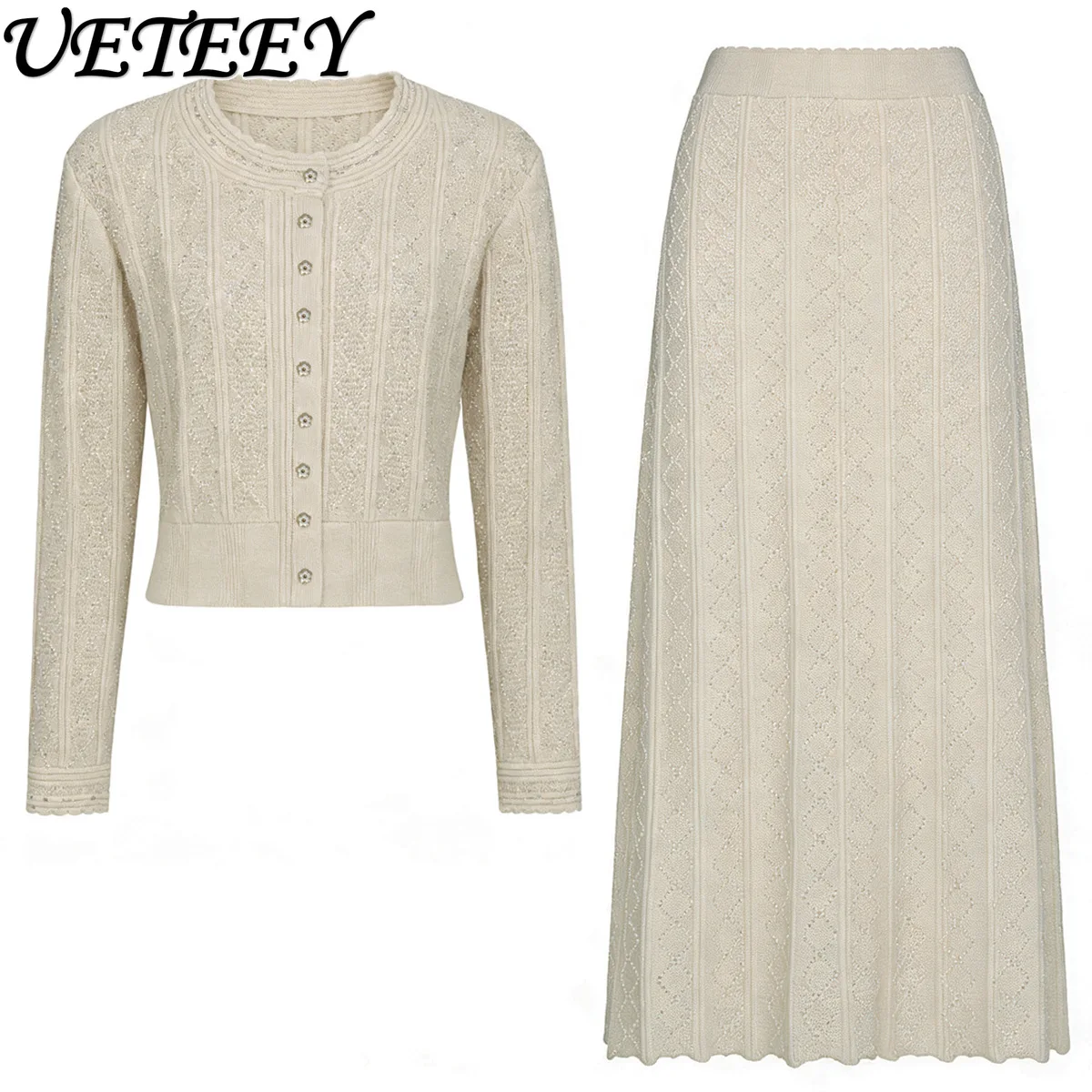 

High-quality Spring/autumn New Elegant Long-sleeved Beaded Knit Top Cardigan and High-waisted Long Skirt Two Piece Set