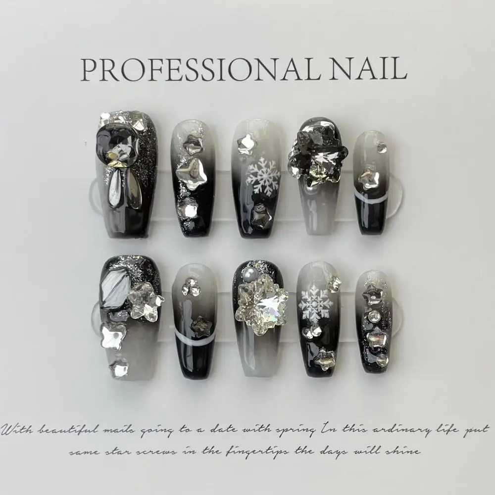 With Rhinestone Pure Manual False Nail with Tool Box XS S M L Snowflake Handmade Fake Nails Full Cover Press on Nails Nail Art