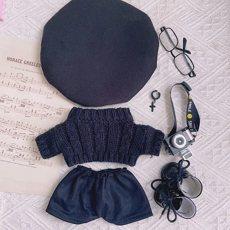 20cm baby clothes black beret black sweater set autumn and winter cool cotton doll clothes fat body can wear