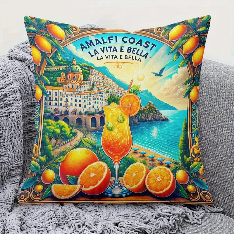 1pc Amalfi Coast Lemon Orange Throw Pillow Cover,Suitable for Sofa,Bedroom,Living Room,A Vacation Style Gift for Travel Lovers