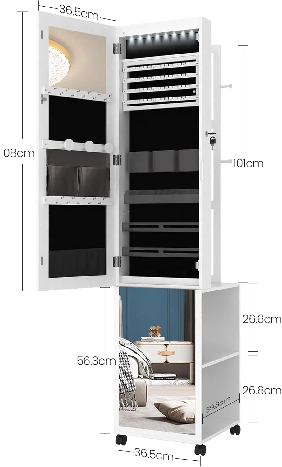 Bloqueável Full Length Espelho com 4 Rodas, 8 LED Gabinete Jóias, Organizador de Jóias com Cabides, 64,8"