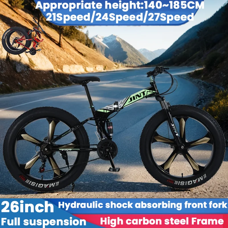 

26inch 4.0 fat tire high carbon steel frame portable folding MTB bike 21/24/27speed off-road snow Bicycle Dual shock absorption