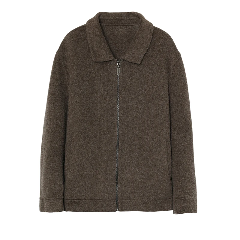 

2025 Autumn and Winter Classic Men's Coat Polo Collar Zipper 100% Pure Wool Coat Comfortable Warm Top High-End Brown for Men
