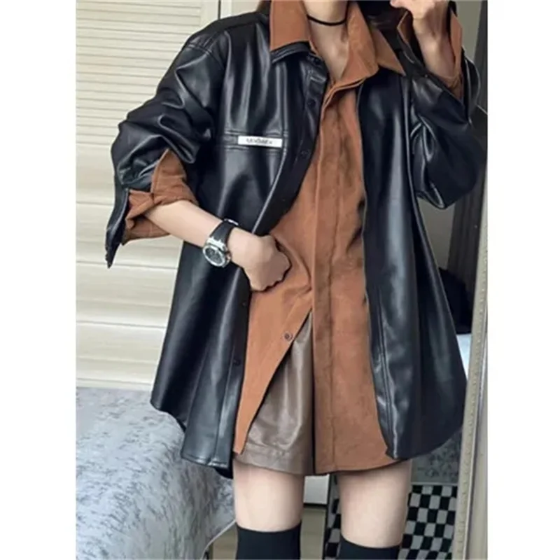 Spring Autumn Ladies Leisure PU Leather Coat 2025 Female Fashion Faux Leather Outwear Korean Women Long Sleeves Leather Jacket