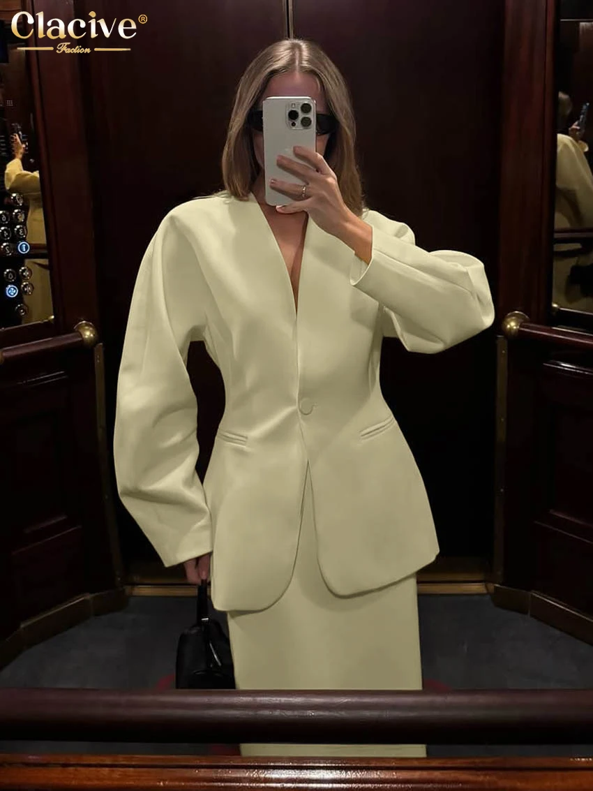 Clacive Fashion Allentato Blu Ufficio Abiti a due pezzi Donna 2025 Elegante giacca a maniche lunghe con gonna lunga a vita alta Set femminile