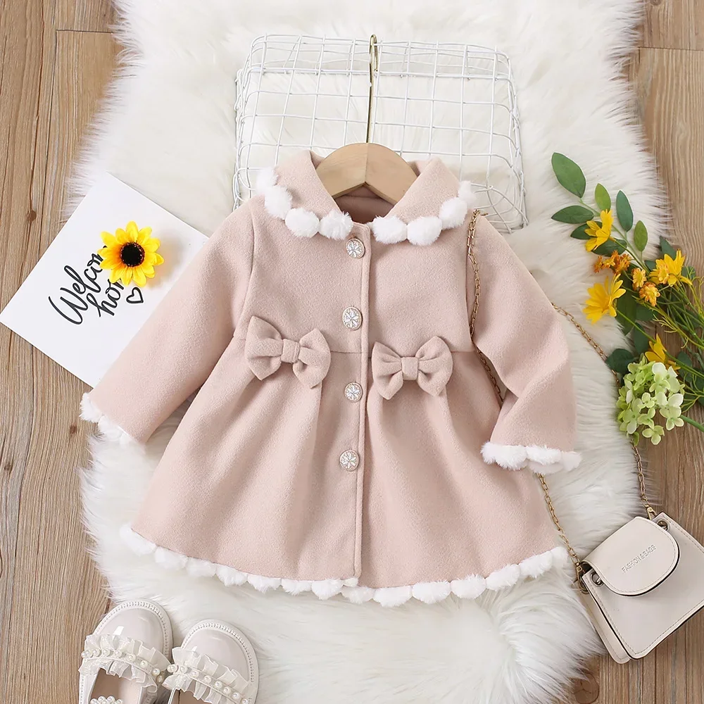 Winter New Woolen Coat for Baby Girls Coat Coat Coat Furry Lapel Bow Long Sleeve Warm Fashion Coat (0-3 Years Old)