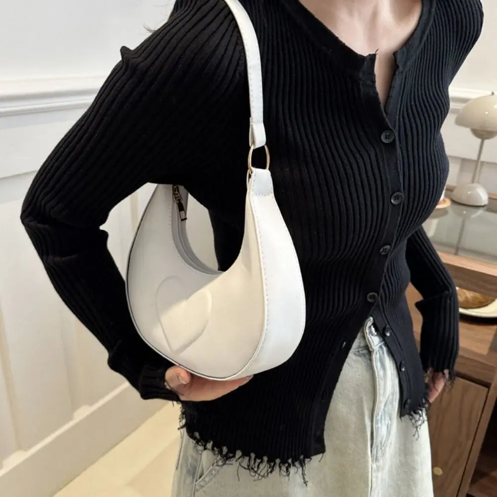 

Solid Color Crescent Moon Underarm Bag Korean Style Large Capacity PU Leather Shoulder Bag All-match Love Heart Hobo Bag Travel