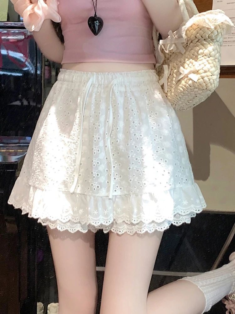 

White Lace Trim f Skirt Women's Summer 2025 New Sweet Slim ort Pants Casual A-Line Skirt High Waist Lace Fabric