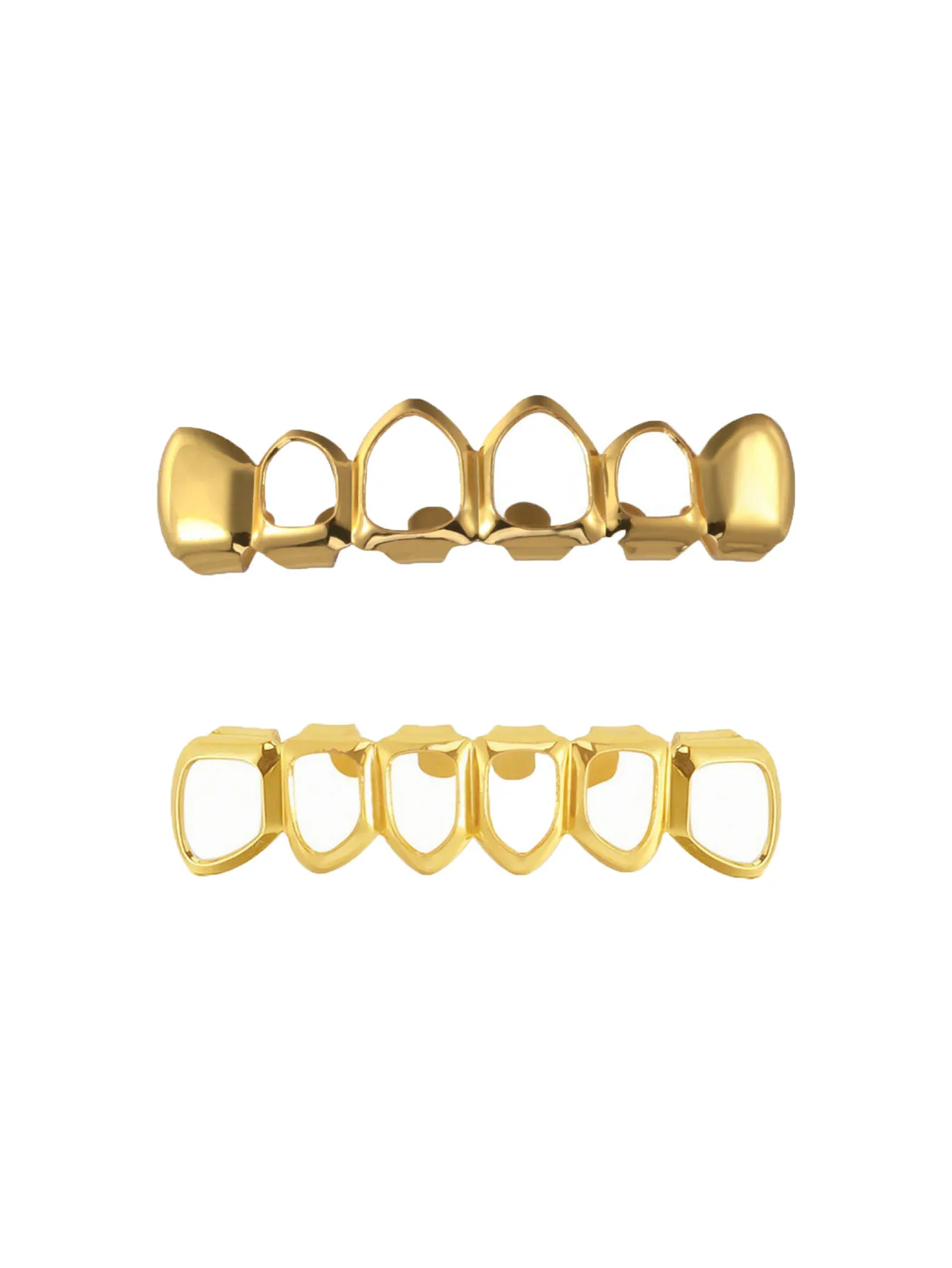 A Set Of Personalized And Fashionable Dental Accessories, Featuring Four Perforated Upper Teeth And Six Perforated Lower Teeth