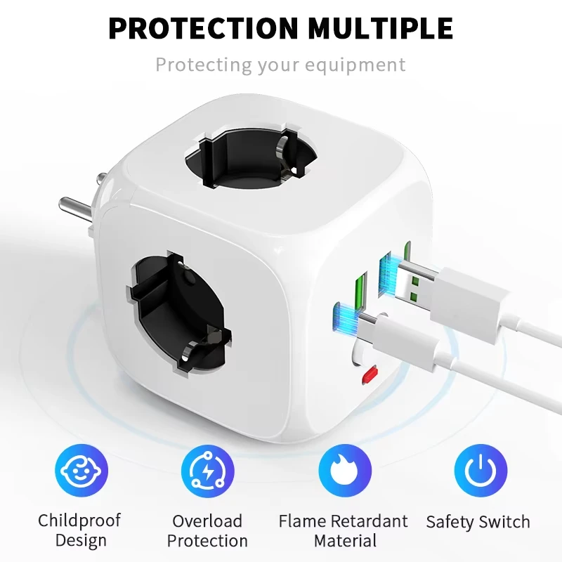 

7-in-1 EU Plug Wall Socket Extender with 3 AC Outlets 2 USB Ports And 2Type C Cube Socket On/Off Switch Adapter for Home 1pc