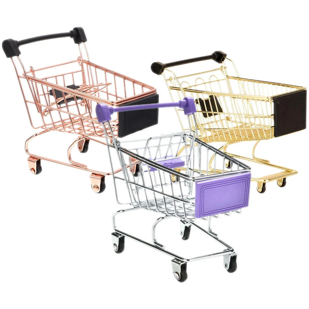3 Pcs Mini Shopping Cart Make up Sponge Miniature Storage Supermarket Desk Trolley Toy Metal