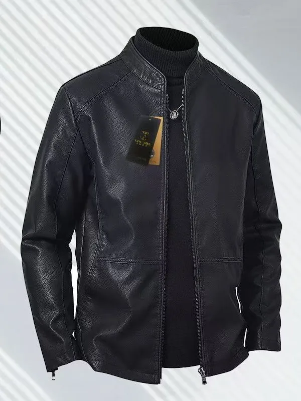 Men's Slim Fit Leather Jacket Harbin Style Motorcycle Coat Thickened Fleece Collar Casual Korean Fashion Winter Outerwear