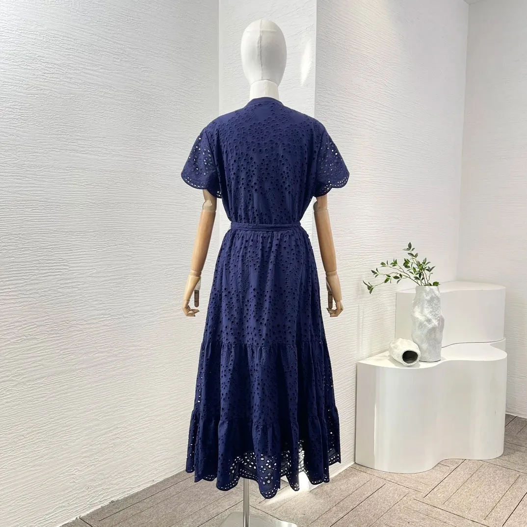 Cotton Vintage New Nvay Blue Short Sleeve Hollow Out Embroidery Elegant Midi Dress for Women 2024 High Quality