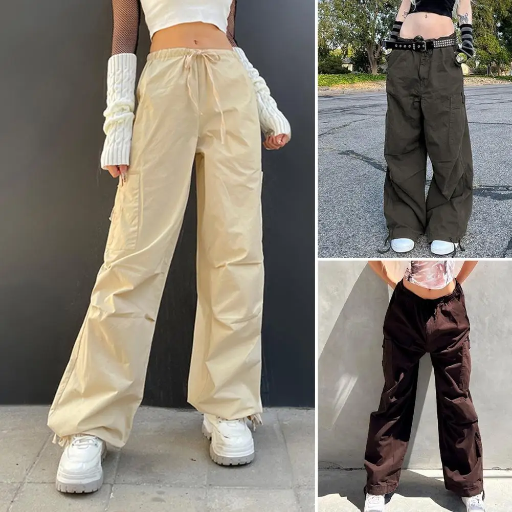 

Elastic Waist Drawstring High-Waist Ankle Banded Cargo Pants Big Pockets Wide Leg Baggy Weaving Slacks Streetwear