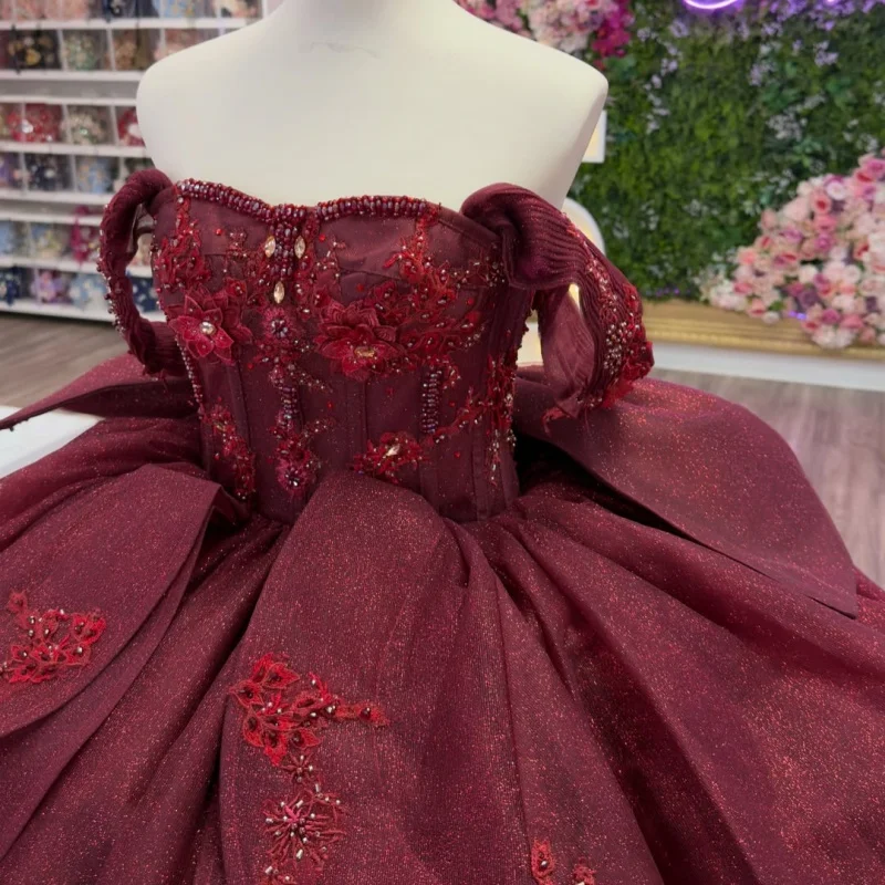 

Shiny Burgundy Quinceanera Dress off-shoulder Crystal Flower Decal Layering Long tail Bow vestidos de 15 Quinceanera ﻿Customize