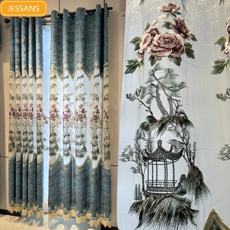 

Новые китайские высококачественные синие шенилловые вышитые оконные шторы с вырезами для гостиной, спальни, балкона, потолка