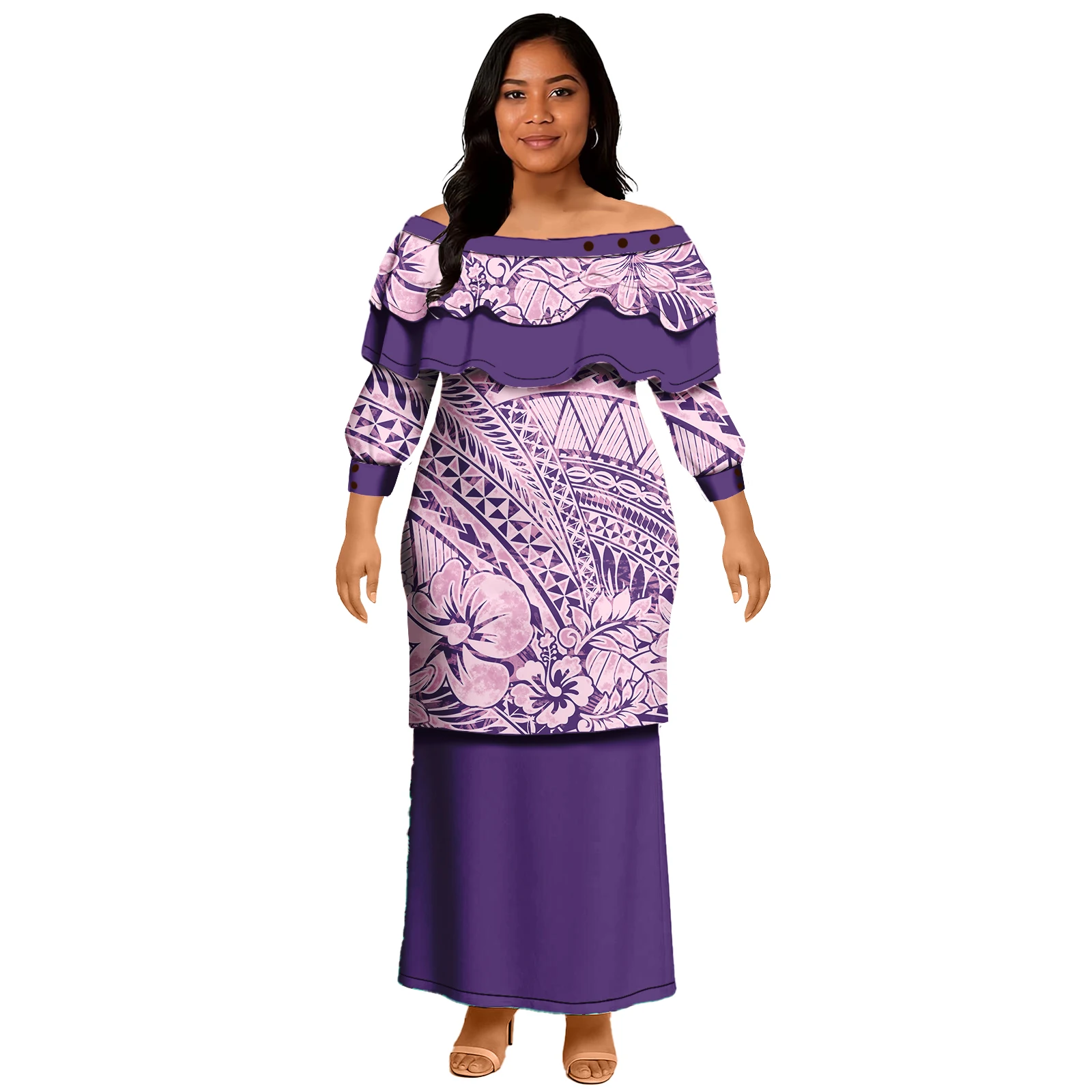 

Polynesian Tribal Floral Pattern Puletaha Samoan Puletasi Dress 2-Piece Outfits for Ladies