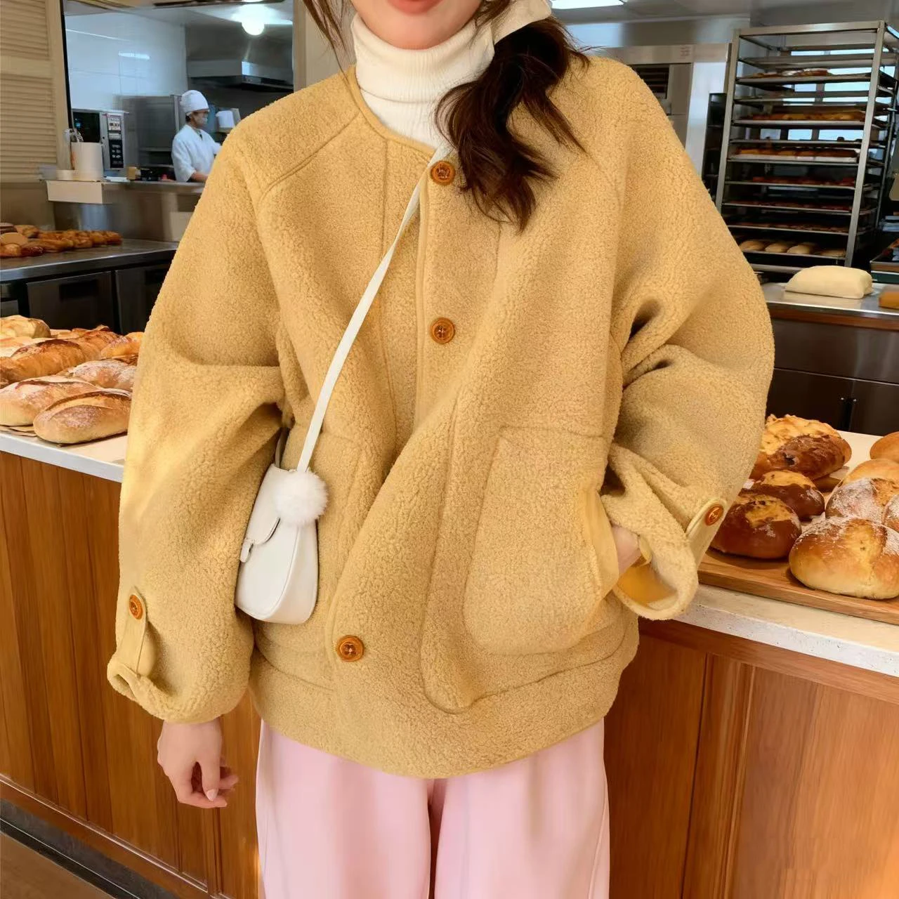 معطف نسائي للخريف والشتاء معطف أنيق من جلد البقر محاكاة كسول Sle دفء من الجلد والفراء طويل Sve بأزرار لأعلى