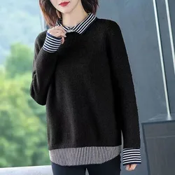 New Autumn/Winter Fashion Loose Fit Fake Two Piece Striped Shirt Lapel Versatile Lazy Style Women's Knitted Long Sleeve Sweater