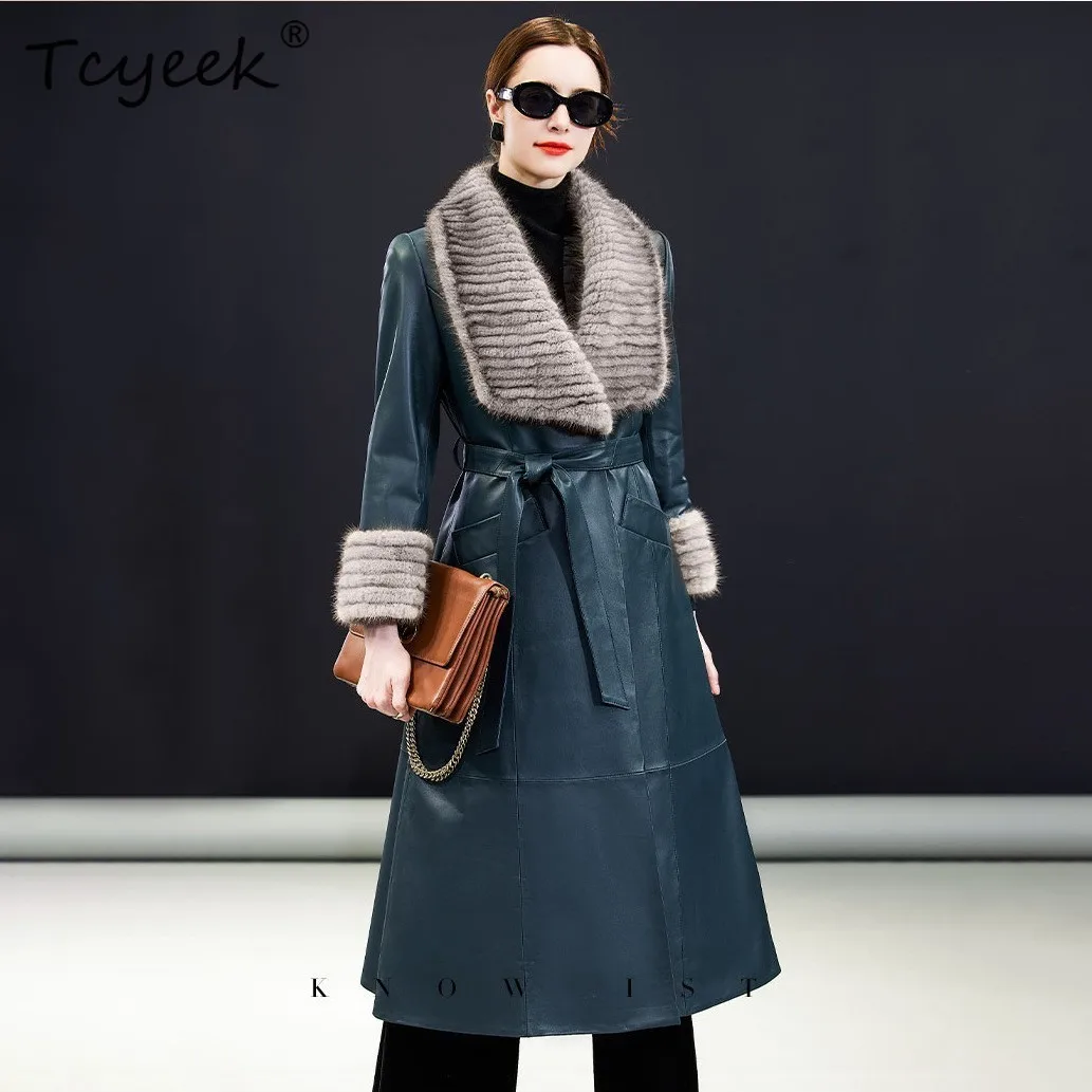 Tcyeek Sheepskin Autumn Winter High End Mink Fur Collar Tied Peacock Blue Women's Genuine Leather Jacket Женская Кожаная Куртка