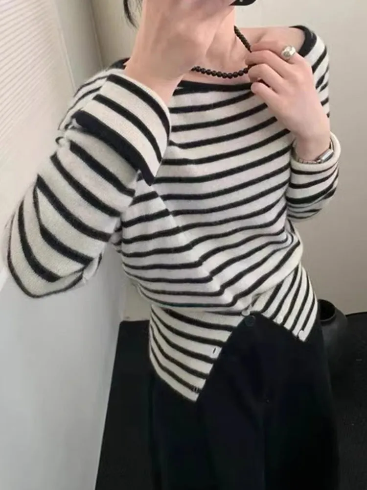 

Comfortable Knitted Long Sve One-oulder Striped Design Versatile Base Layer Top Korean Sle Commute Straight Cut Knitwear