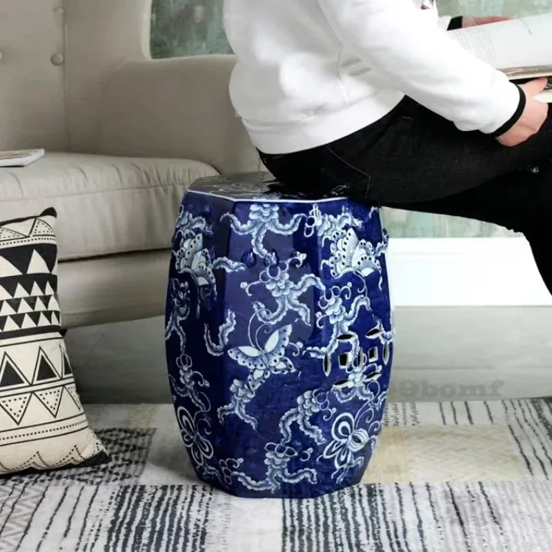 Taburete chino de porcelana azul y blanca pintado a mano, taburete de baño antiguo, taburete de tocador de cerámica para Hotel en casa, altura 45cm