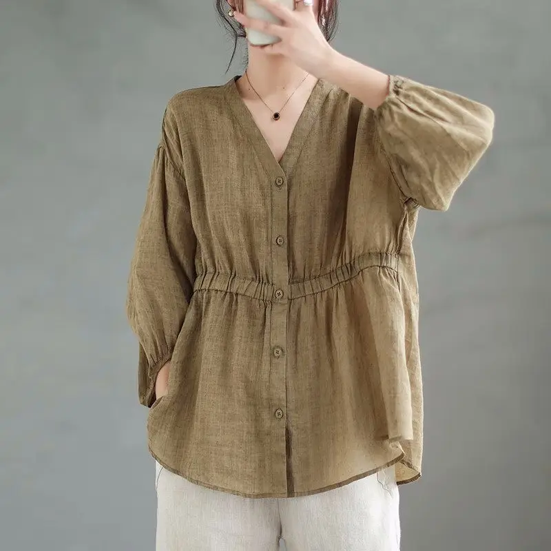 Oversize Cotton Ramie Ladies Tops Summer Fashion Retro Woman Shirt Ethnic Style Imitation Linen Thin Loose Casual Blouse 2023