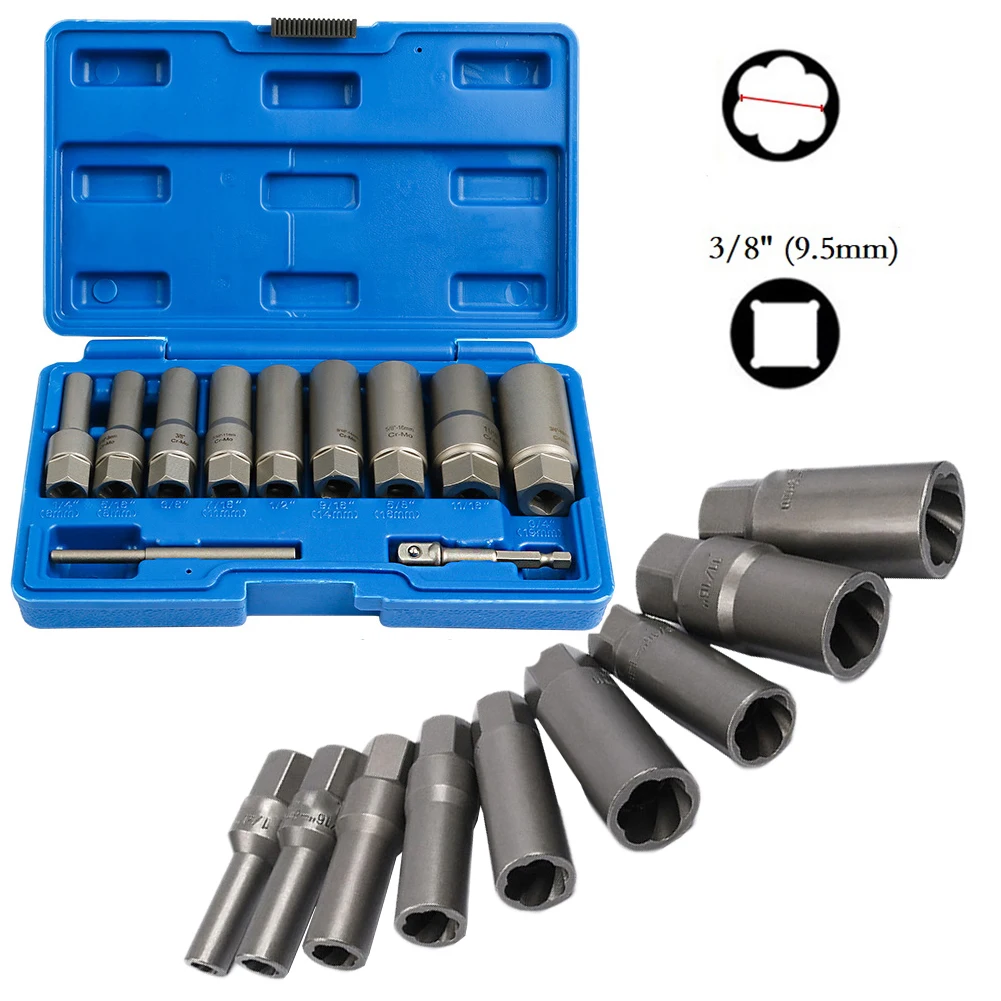 7 11Pc Deep Socket Nut Bolt Extractor Set Spiral Type Remover For Broken Damaged Studs 3 8 Inch Drive For Cr Mo Steel Tool Kit