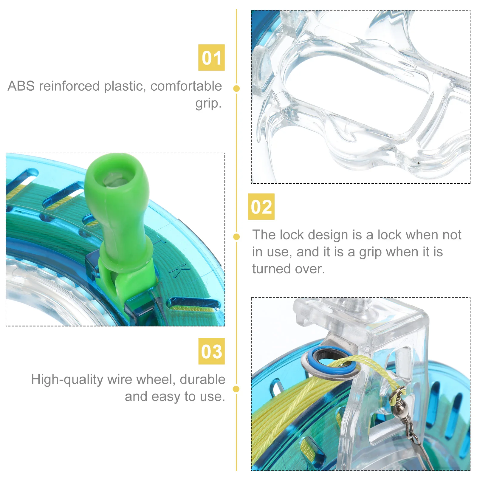 

1Pcs Plastic Kite Line Winder Reinforced ABS Comfortable Grip 150M Colored Crystal Steel Bead Wire Sky-Blue 18Cm