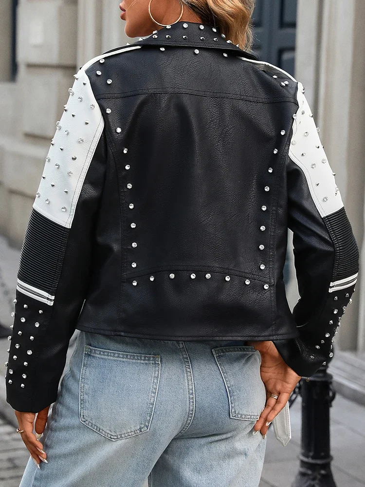 New Spring Autumn Women Street Rivet Black White Faux Leather Jacket Moto Biker Punk Belt Coat Outwear 2025