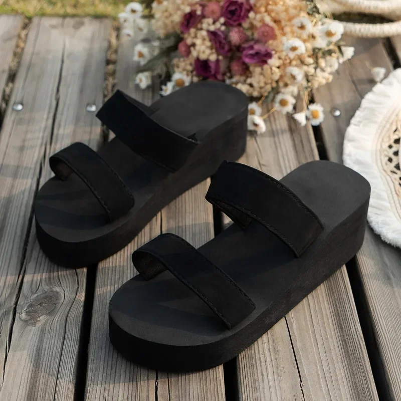 Summer Wedge Heel Thick Sole Ladies Sandals High Heels Sandals Casual Women Shoes Beach Flip Flops Solid Slides Women Slippers