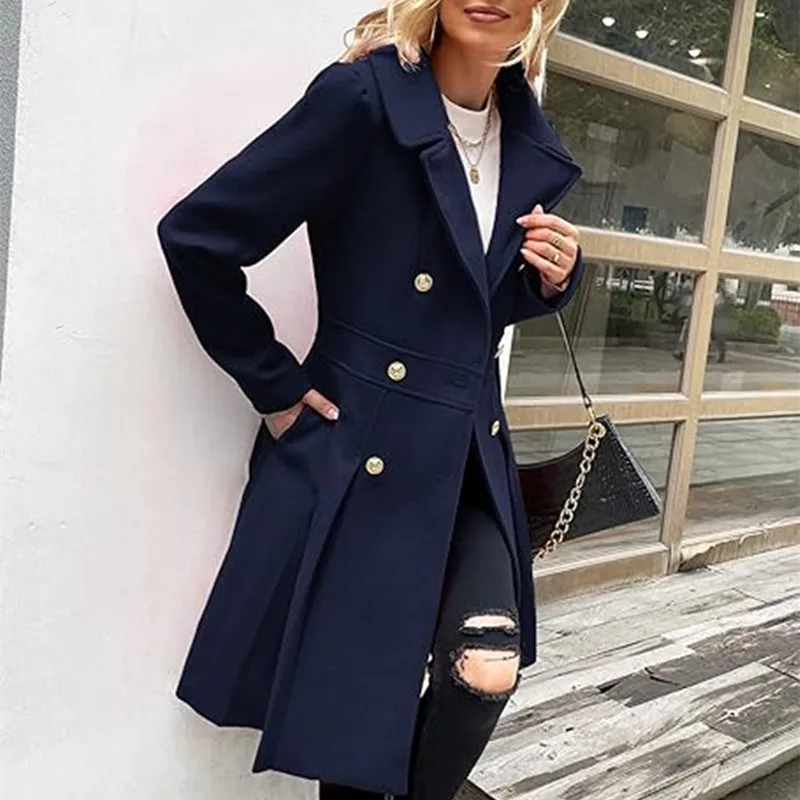 Women's Wool Trench Outerwears Winter with Skirt Hemline Double Breasted Flip Lapel Lined Women's Jacket Warm Streetwears