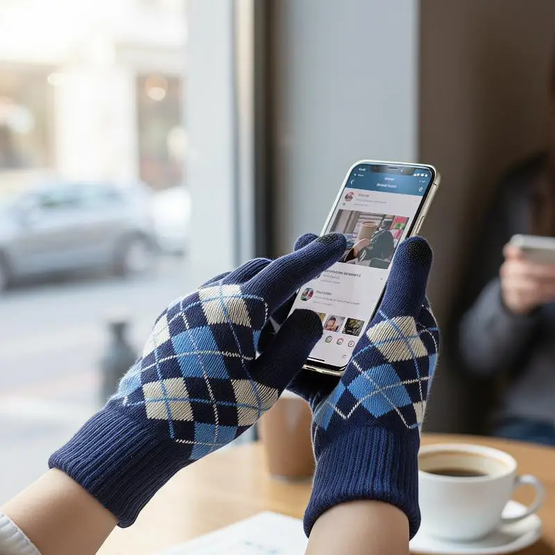 1 Paar Touchscreen-Handschuhe mit dickem Karomuster, Winterhandschuhe für Erwachsene, Männer und Frauen, Studenten, mit geteilten Fingern, zum Warmhalten beim Reiten, niedliches Paar – Detail 2