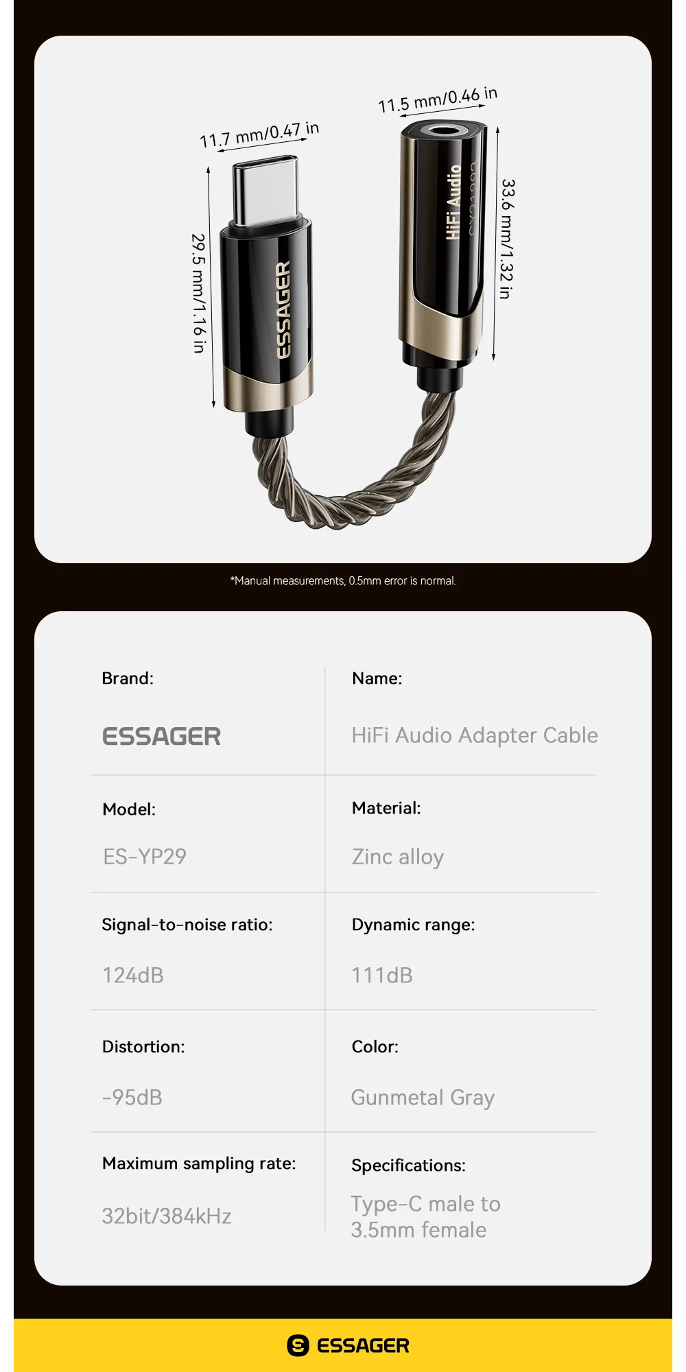 Essager HiFi Audio Adapter Type-C to 3.5mm Jack Headphone Aux Cable OTG for iPhone 17/16/15 pro Max - Hi-Fi Sound Quality