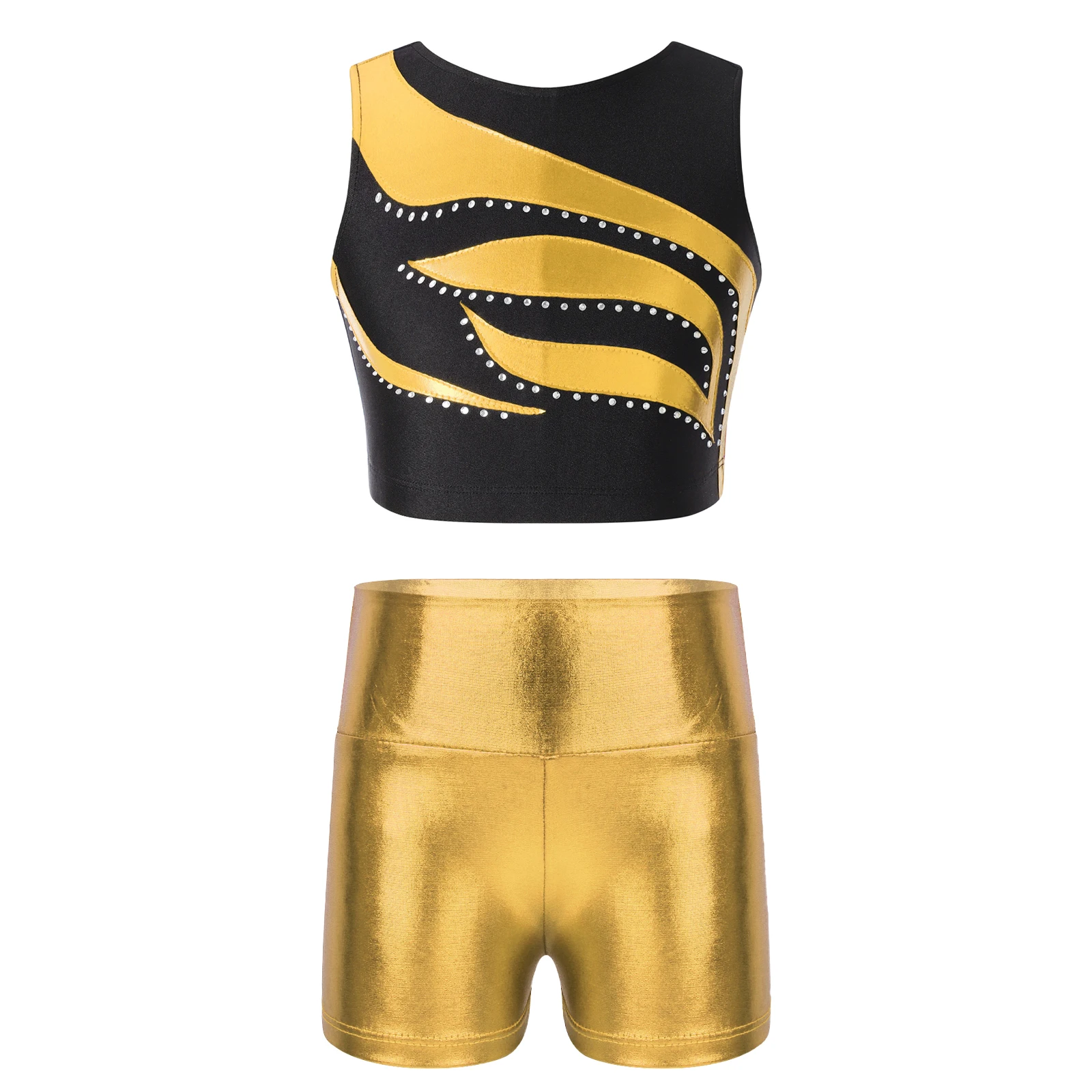 Kids Girls 2Pcs Dance Gymnastic Outfit Sleeveless Shiny Rhinestone Patchwork Metallic Crop Top with High Waist Shorts Sportswear