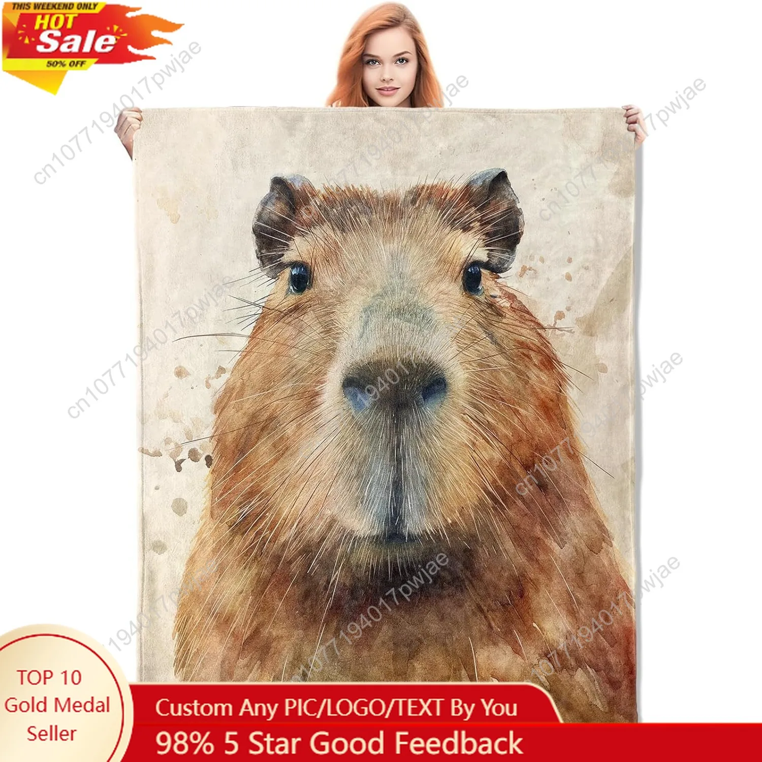 

Watercolor Capybara Portrait Flannel Blanket Animal Soft Lightweight Throw Blankets Gifts for Women Girls Custom blankets