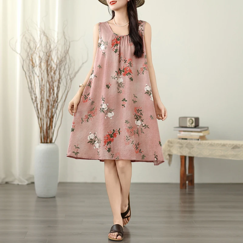 Plus size feminino verão solto strapl a linha dr algodão linho redondo ne impressão casual sle svel saia de comprimento médio