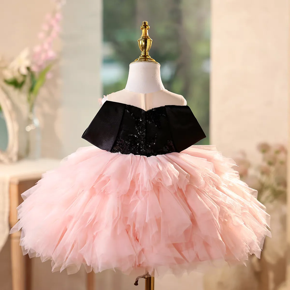 Dromerige gelofte D112 charmante roze applique meisjesjurk zwarte mouwloze top kinderen prinses verjaardag bruiloft festivaljurk