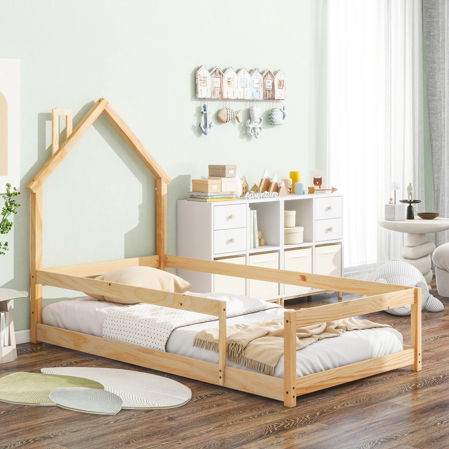 

Twin Size Wood bed with House-shaped Headboard Floor bed with Fences,Natural