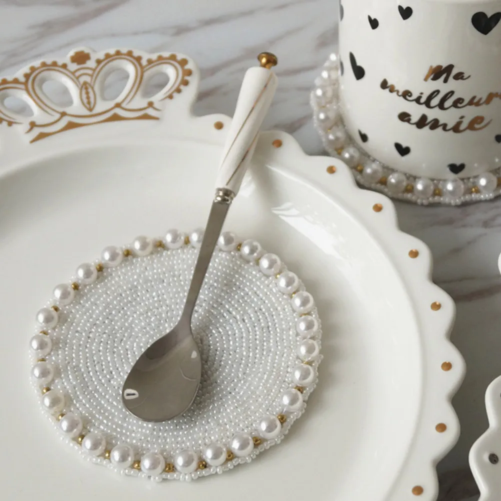 Handmade Pearl Beads Cup Coaster Premium Cotton Table Mat for Cups Plates Pots Cutlery Heat Resistant Scratch Proof Decorative