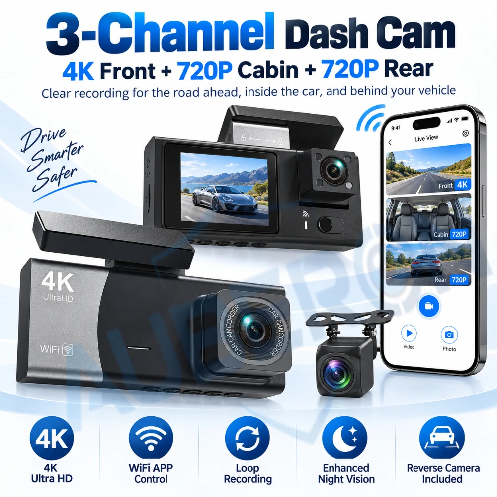 4K HD Dashcam 3-Kanal WiFi Auto-DVR mit Front-, Innen- und Rückkamera, Nachtsicht, Loop-Aufnahme, G-Sensor, App-Steuerung und Rückfahrkamera für Autos
