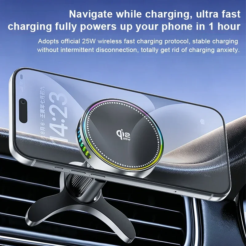 QI2.2 25W Magnetic Wireless Car Charger Mount Cooling Stand 360 Degree Rotation with RGB Ambient Light Auto Interior Accessories