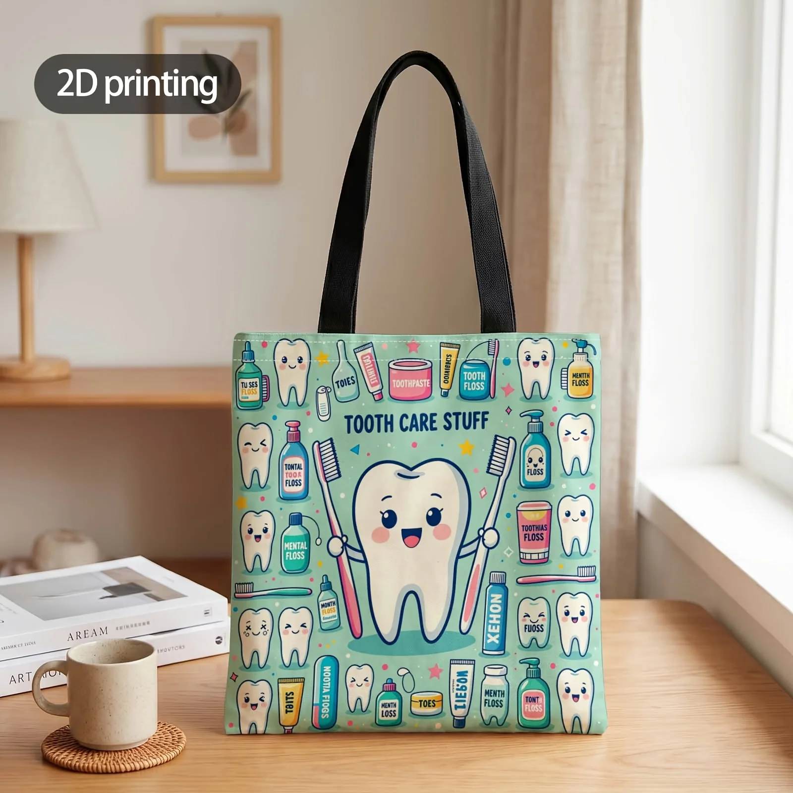 2D Printed Handbag with Smile Bright with Tooth Care Pattern, Reusable Fashion Shoulder Bag Shopping Tote Bag Suitable for Shopp