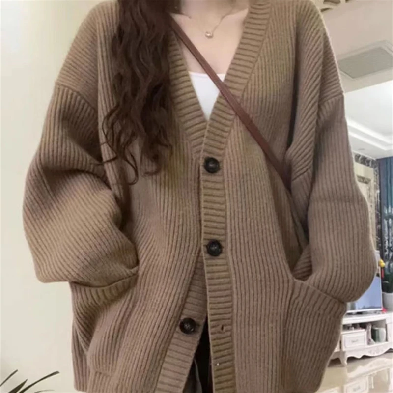 Casaco de Suéter Tricotado Estiloso para Mulheres, Primavera e Outono, Decote em V, Manga Longa, Ajuste Regular, Cardigan de ...