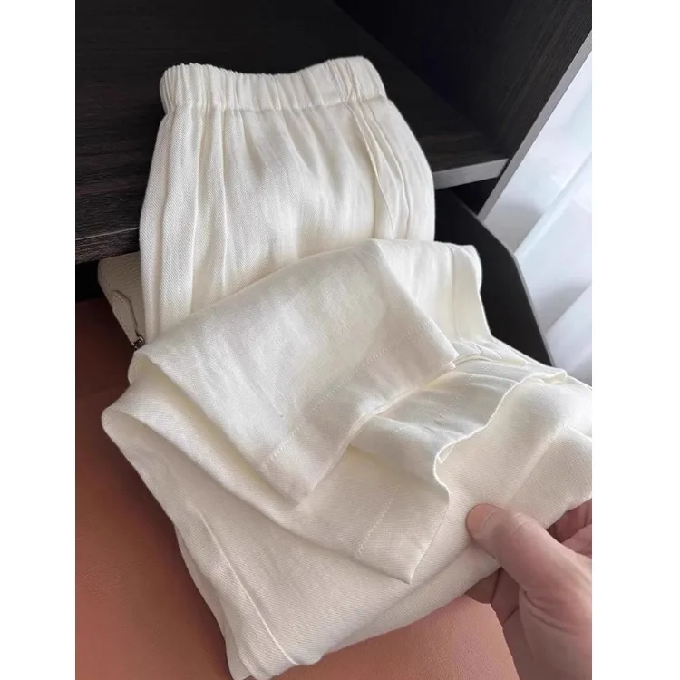 Pantaloni a gamba larga in lino di cotone di fascia alta Pantaloni estivi da donna in lino bianco a taglio dritto allentato Pantaloni lunghi casual a vita alta